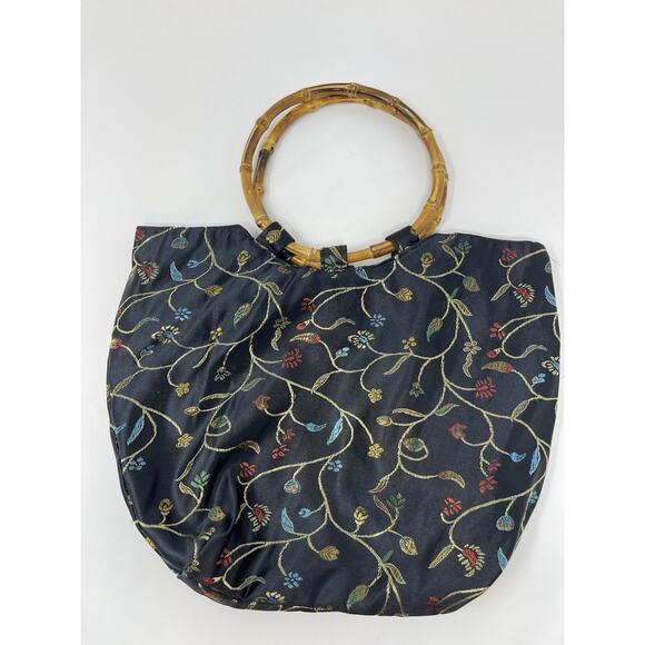 Women's Handbag Asian inspired Bambo Circle Handels Black Flower Embroidered - Picture 4 of 9